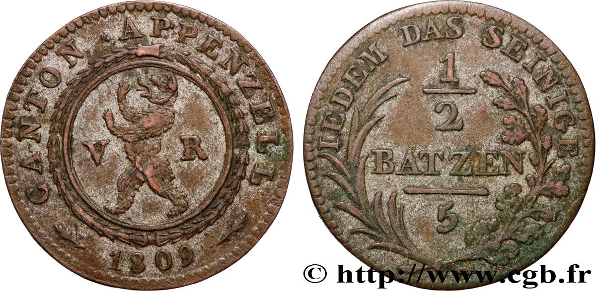 SUISSE - CANTON D APPENZELL 1/2 Batzen 1809  MBC 