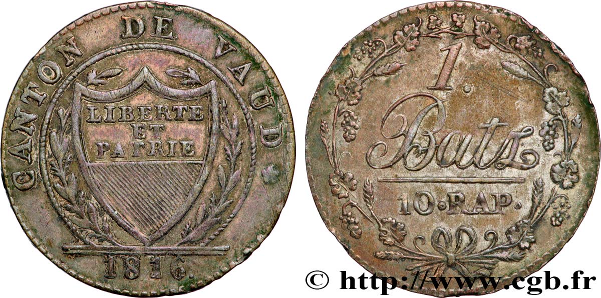 SUISSE - CANTON DE VAUD 1 Batz 10 Rappen 1816  XF 