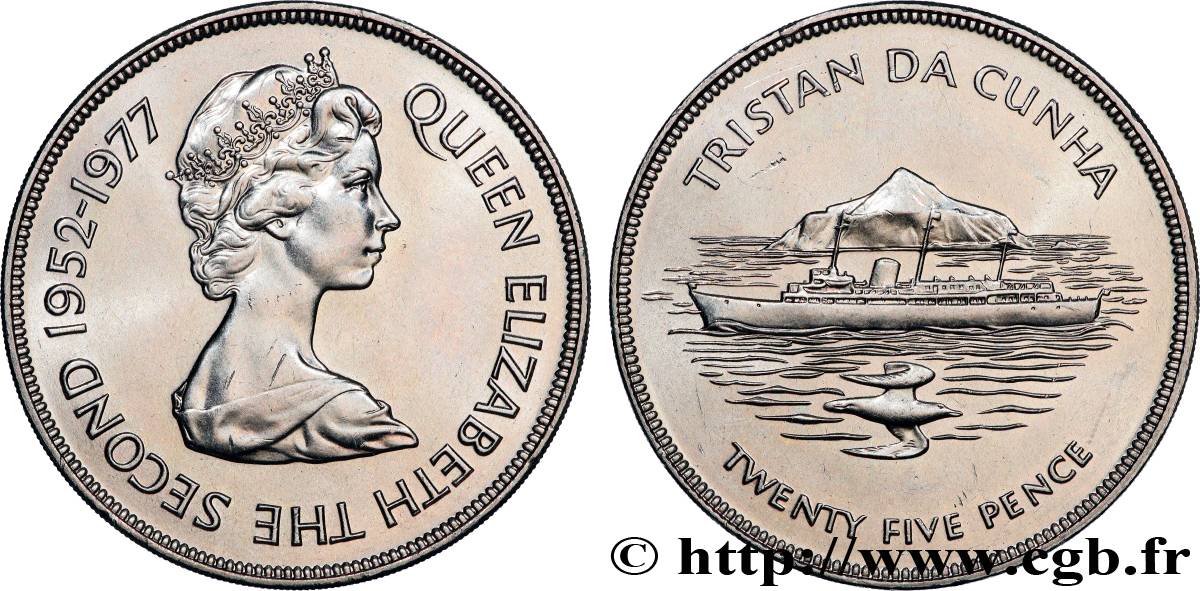 TRISTAN DA CUNHA 25 Pence 25e anniversaire du couronnement d’Elizabeth II 1977  fST 