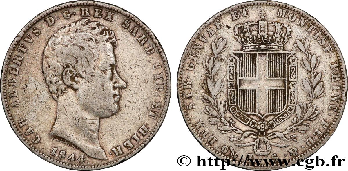 ITALIE - ROYAUME DE SARDAIGNE 5 Lire Charles Albert 1844 Gênes TB+ 