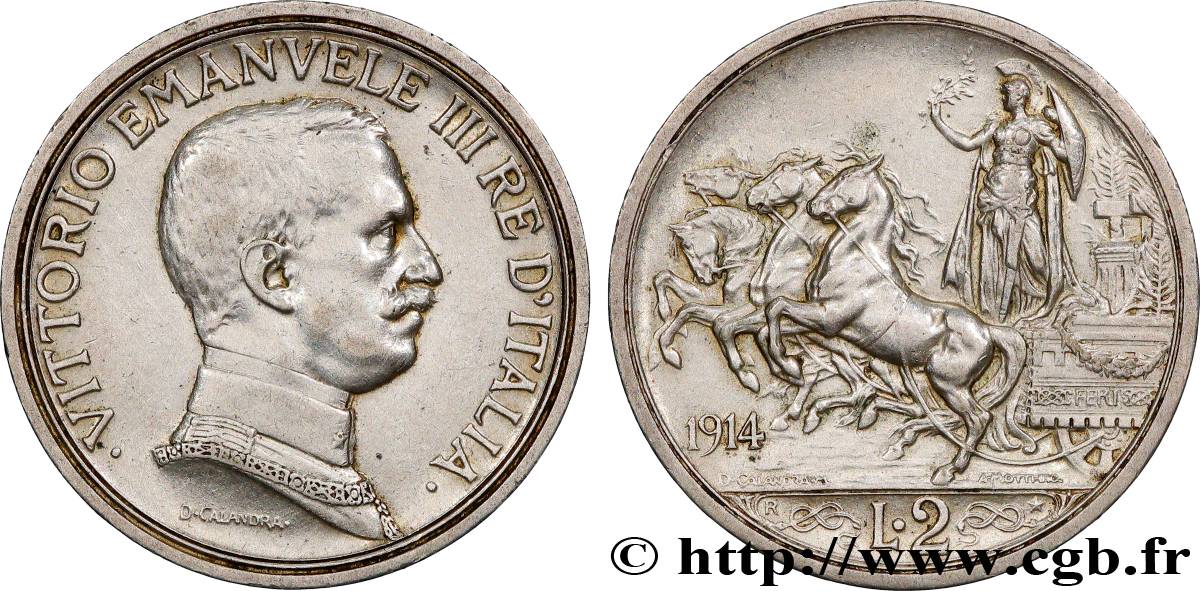 ITALY 2 Lire Victor Emmanuel III 1914 Rome  AU 