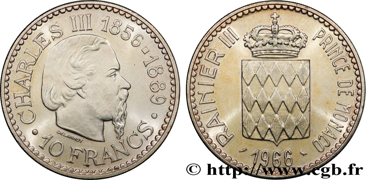 MONACO 10 Francs Charles III 1966 Paris AU 