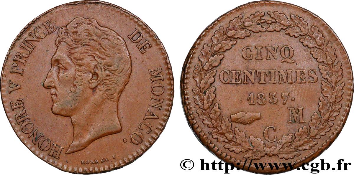 MONACO - HONORÉ V 5 Centimes petite tête en cuivre rouge 1837 Monaco SS 