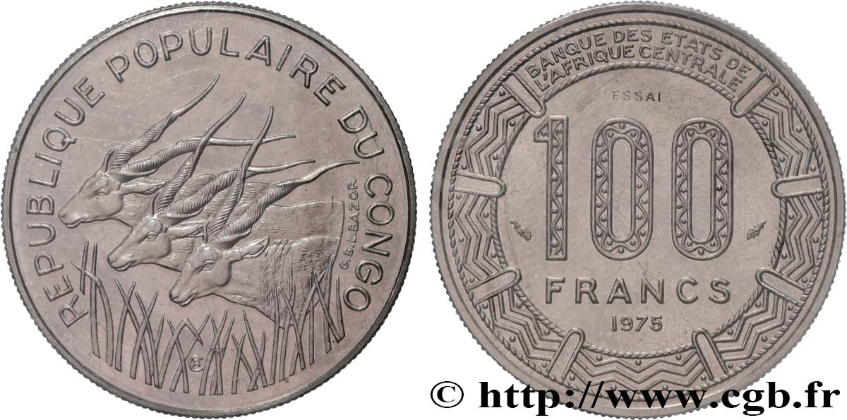 CONGO (RÉPUBLIQUE) Essai de 100 Francs type “BCEAC”, antilopes 1975 Paris FDC 