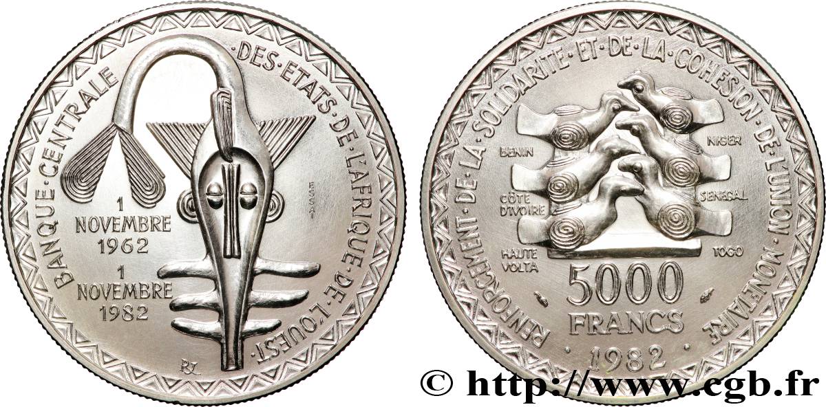 WEST AFRICAN STATES (BCEAO) Essai de 5000 Francs masque / oiseau 20e anniversaire de l’Union Monétaire 1982 Paris MS 