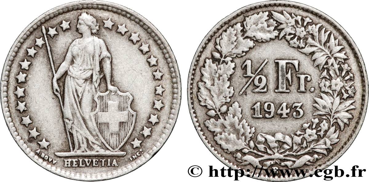 SUIZA 1/2 Franc Helvetia 1943 Berne MBC 