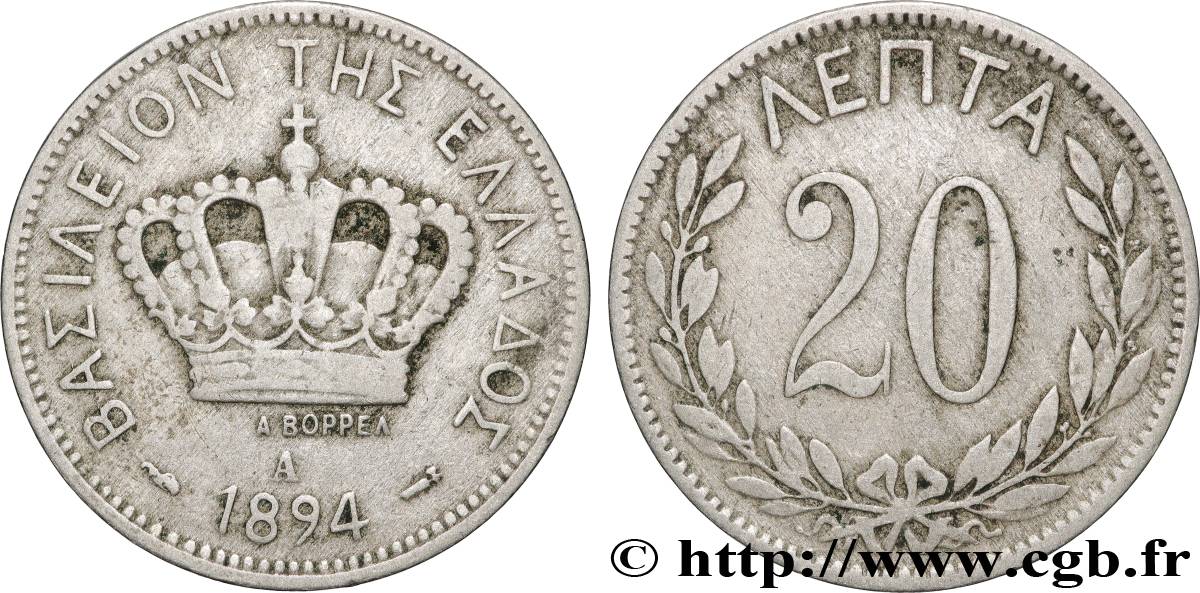 GRIECHENLAND 20 Lepta couronne 1894 Paris fSS 