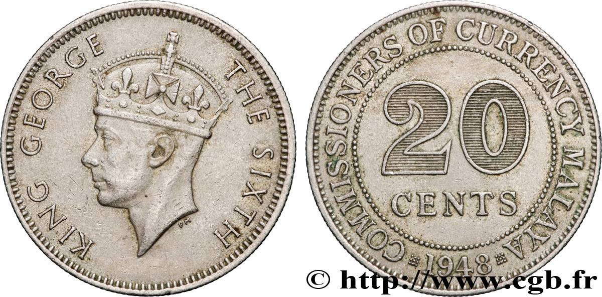 MALAYSIA 20 Cents Commission Monétaire de Malaisie Georges VI 1948 Royal Mint Londres AU 