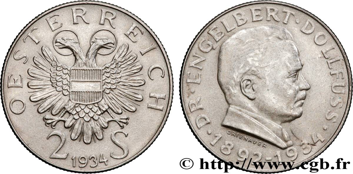 AUSTRIA 2 Schilling mort du Dr Engelbert Dollfuss, Chancelier de 1932 à 1934 1934  AU 