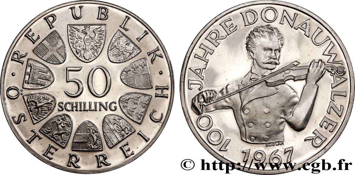 AUSTRIA 50 Schilling Proof 100e anniversaire de la Valse du Danube Bleu par Johann Strauss 1967  SC 