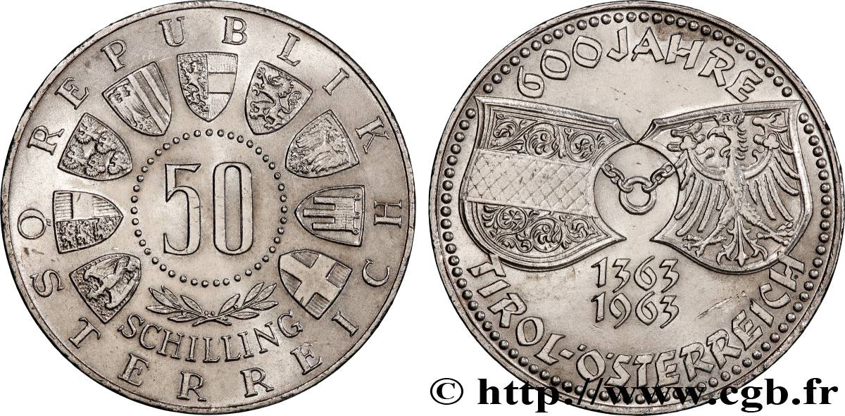 AUSTRIA 50 Schilling 600e anniversaire de l’union avec le Tyrol 1963  AU 