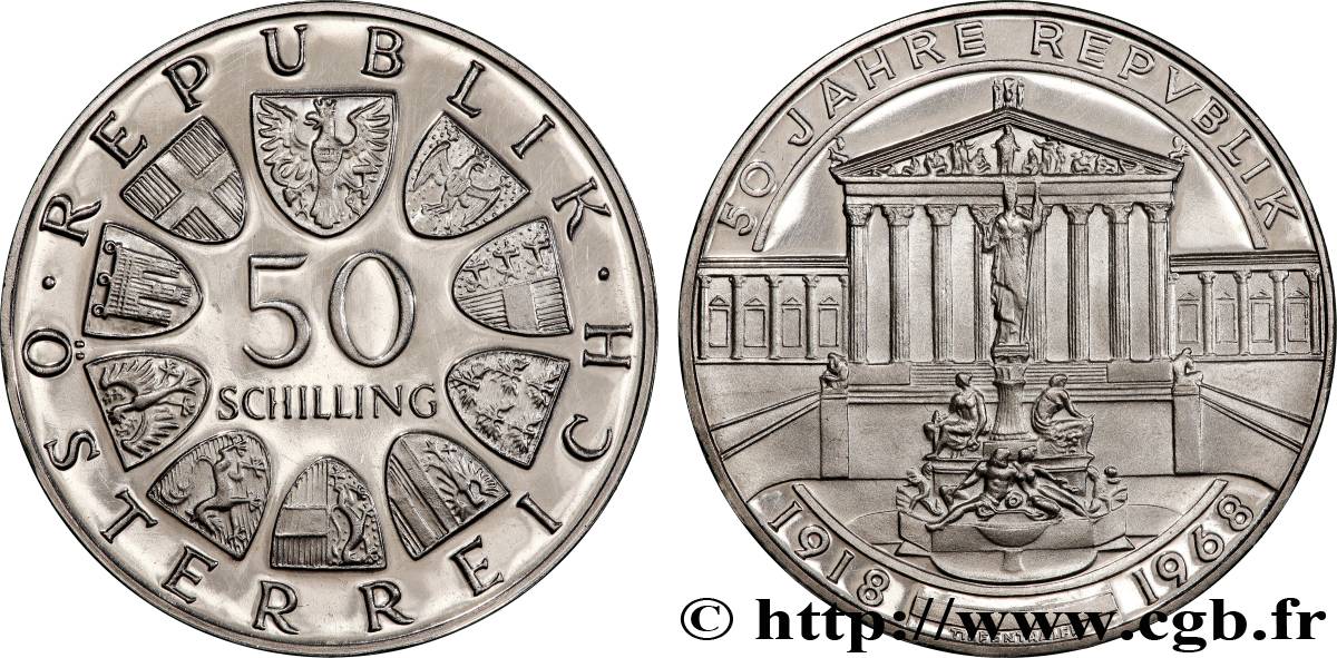 AUSTRIA 50 Schilling Proof 50e anniversaire de la République, le Parlement Autrichien 1968  MS 