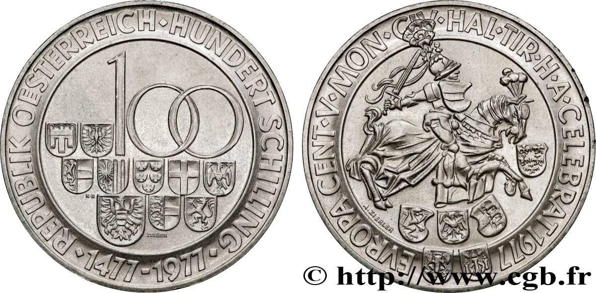 AUSTRIA 100 Schilling 500e anniversaire de l’atelier monétaire de Hall 1977  MS 