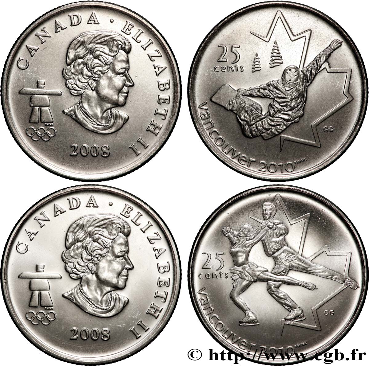 CANADA Lot deux monnaies 25 Cents Jeux Olympiques Vancouver 2010 2008 Winnipeg MS 