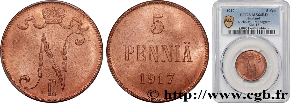 FINLAND 5 Pennia 1917  MS64 PCGS