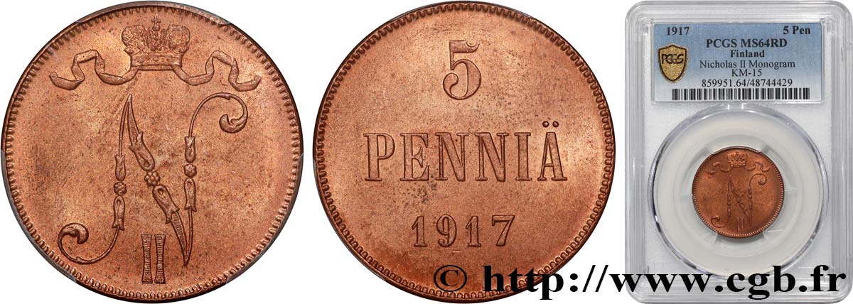 FINLAND 5 Pennia 1917  MS64 PCGS