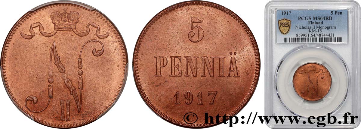 FINLAND 5 Pennia 1917  MS64 PCGS