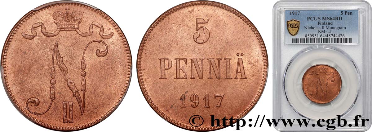 FINLAND 5 Pennia 1917  MS64 PCGS