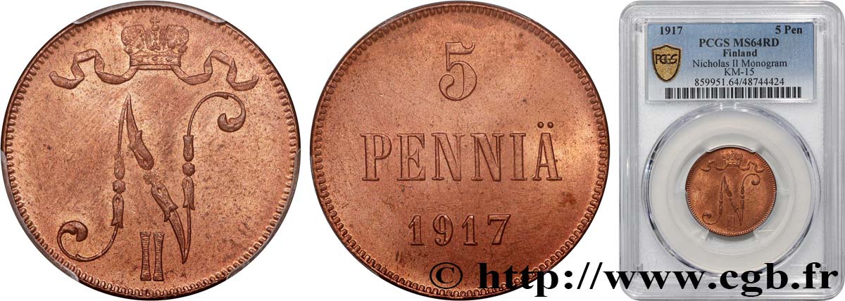 FINLAND 5 Pennia 1917  MS64 PCGS