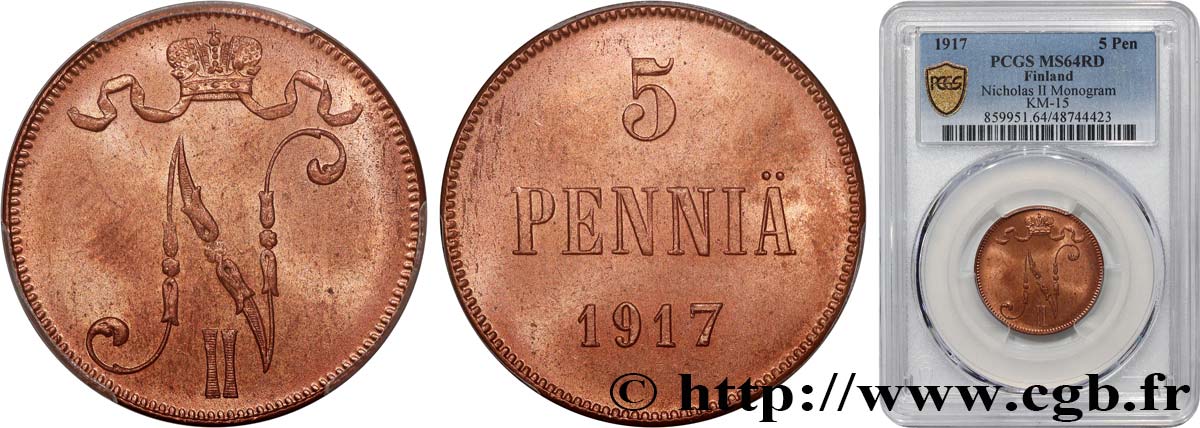 FINLAND 5 Pennia 1917  MS64 PCGS