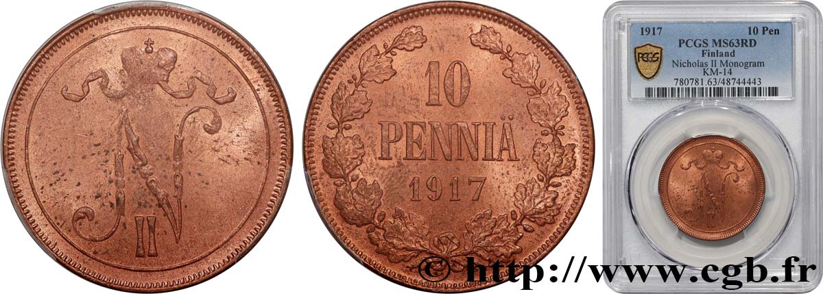 FINLAND 10 Pennia monogramme Tsar Nicolas II 1917 Helsinki MS63 PCGS