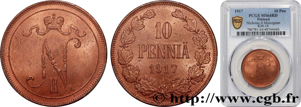 FINLAND 10 Pennia monogramme Tsar Nicolas II 1917 Helsinki MS64 PCGS