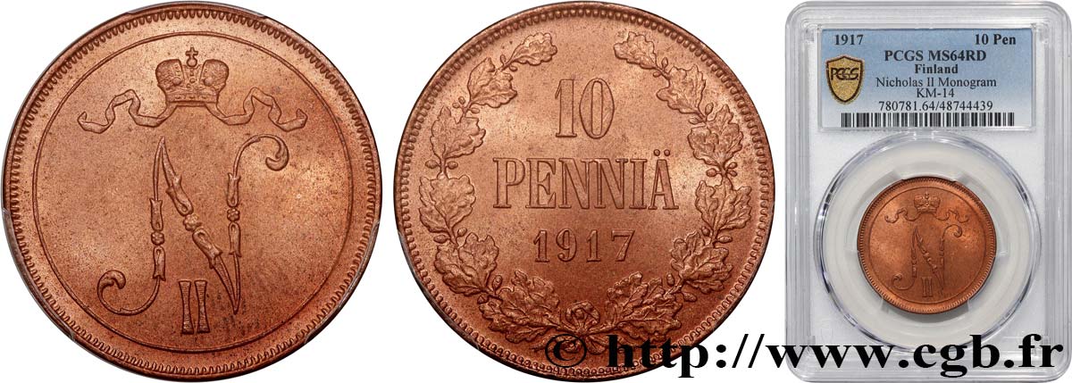 FINLAND 10 Pennia monogramme Tsar Nicolas II 1917 Helsinki MS64 PCGS