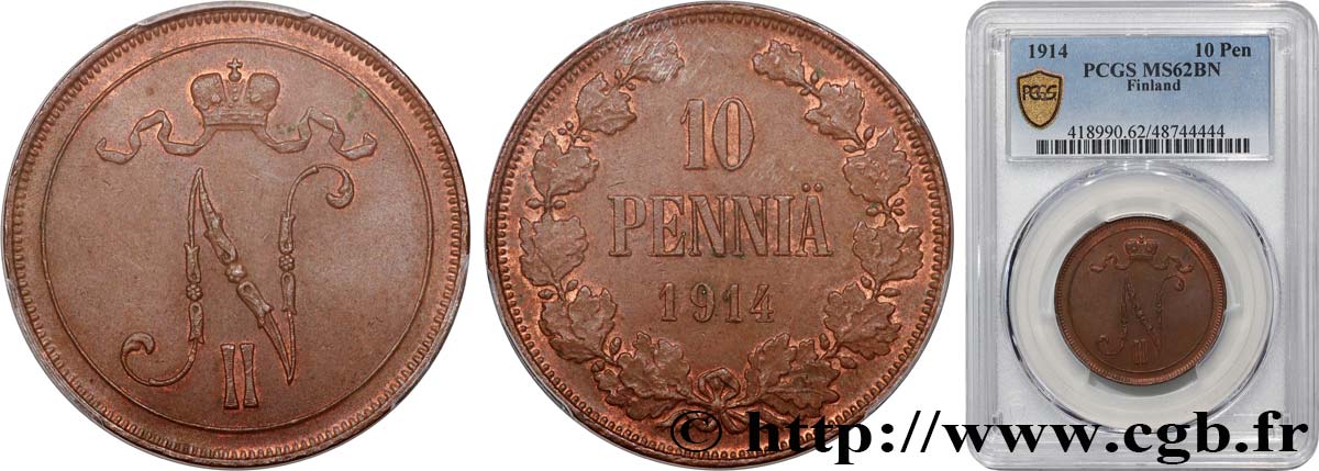 FINLAND 10 Pennia monogramme Tsar Nicolas II 1914 Helsinki MS62 PCGS