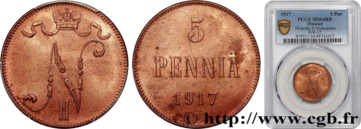 FINLAND 5 Pennia 1917  MS64 PCGS