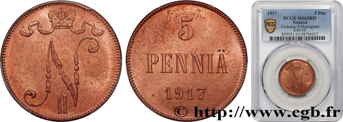 FINLAND 5 Pennia 1917  MS65 PCGS