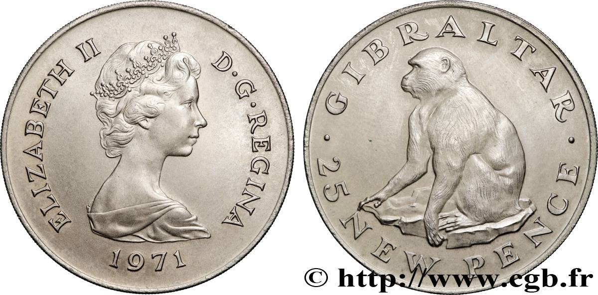 GIBRALTAR 25 New Pence Elisabeth II / singe Magot 1971  AU 