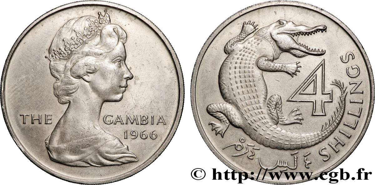 GAMBIA 4 Shillings Elisabeth II / crocodile 1966 Londres VZ 