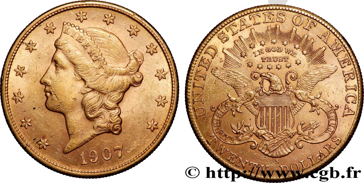 OR, PALLADIUM ET PLATINE INVESTISSEMENT 20 Dollars  Liberty  1907 San Francisco TTB+ 