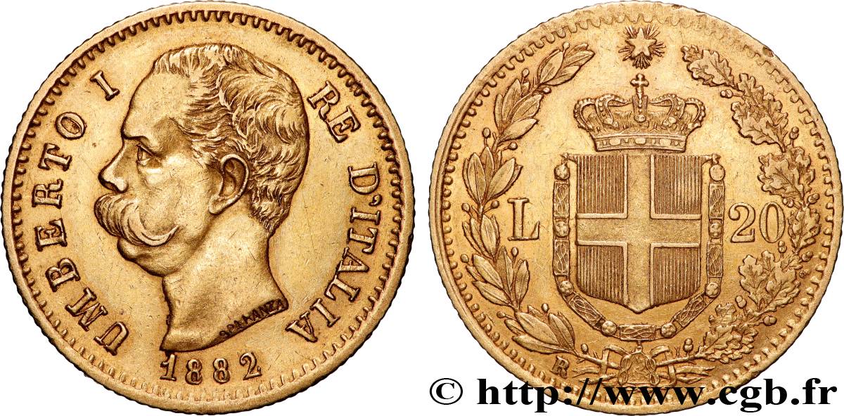 OR, PALLADIUM ET PLATINE INVESTISSEMENT 20 Lire Umberto Ier 1882 Rome TTB 