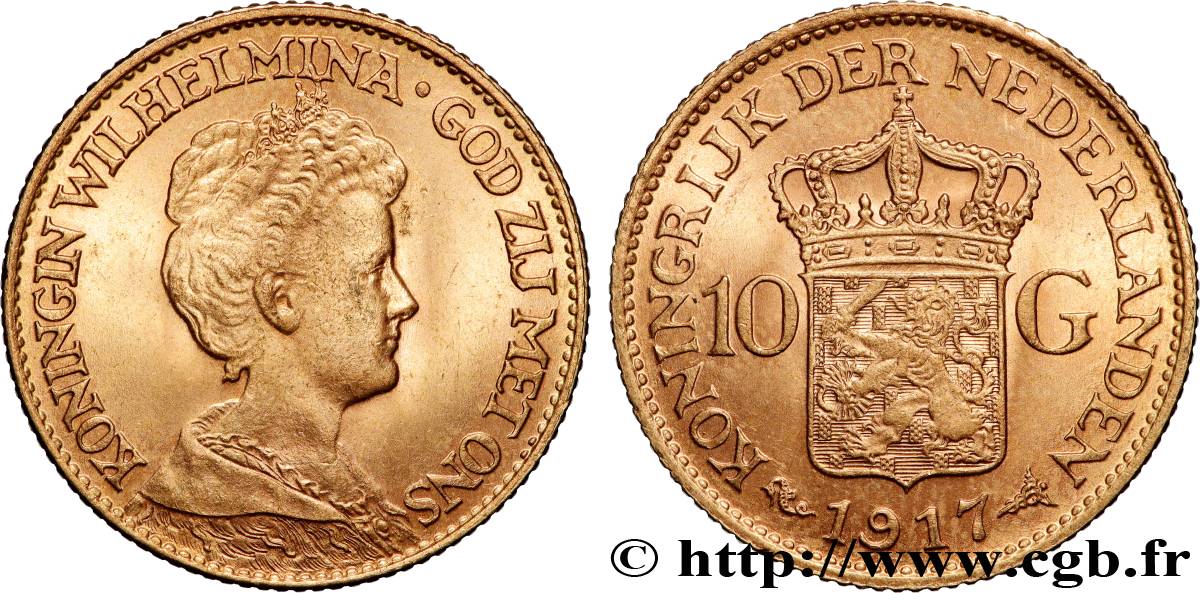 GOLD, PALLADIUM & PLATINUM INVESTMENT 10 Gulden, 3e type Wilhelmina 1917 Utrecht AU 