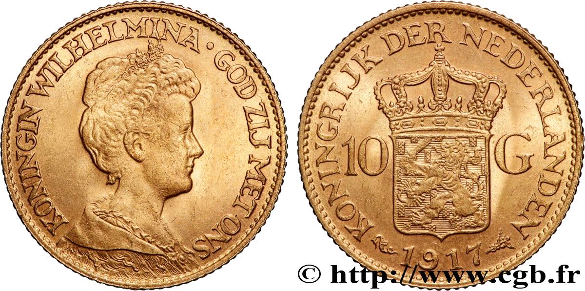 GOLD, PALLADIUM & PLATINUM INVESTMENT 10 Gulden, 3e type Wilhelmina 1917 Utrecht AU 