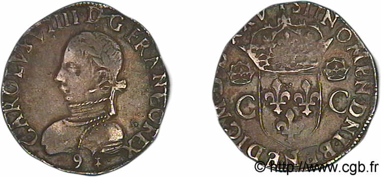 HENRY III. COINAGE AT THE NAME OF CHARLES IX Teston, 2e type 1575 (MDLXXV) Rennes SS