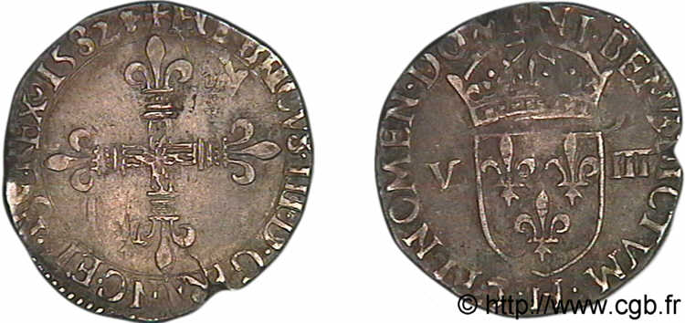HENRY III Huitième d écu, croix de face 1582 La Rochelle BB