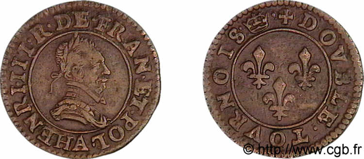 LIGUE. COINAGE AT THE NAME OF HENRY III Double tournois, 2e type de Paris, frappé au moulin n.d. Paris, Moulin des Étuves MBC+