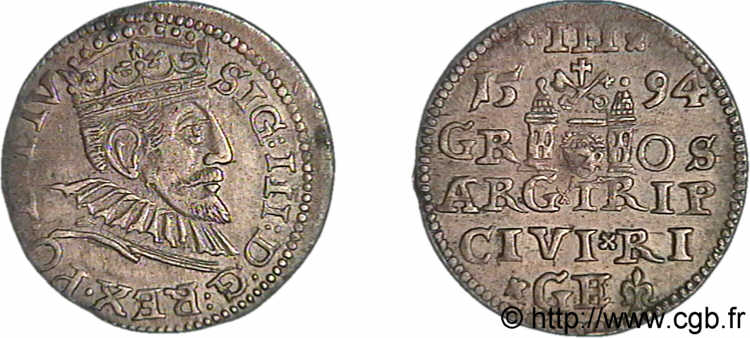 LIVONIE - SIGISMOND III VASA Trois groschen ou trojak ryski 1594 Riga AU