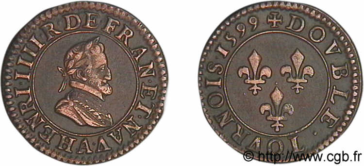 HENRY IV Double tournois, 1er type de Paris (légende française) 1599 Paris, Moulin des Étuves AU/XF