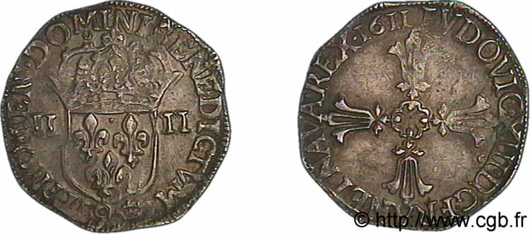 LOUIS XIII  Quart d écu, à la croix fleuronnée, titulature côté croix 1611 Rennes AU