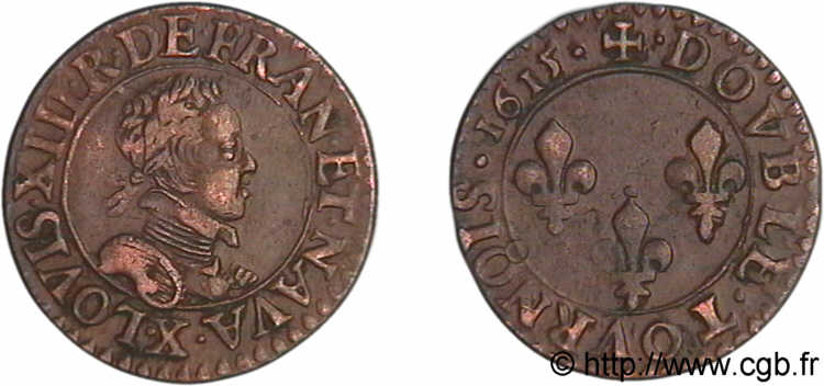 LOUIS XIII  Double tournois, buste enfantin d Amiens, (3e portrait) 1615 Amiens MBC+