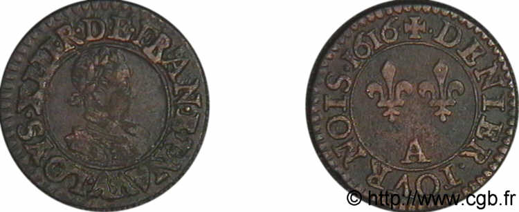 LOUIS XIII  Denier tournois, type de Paris 1616 Paris MBC+