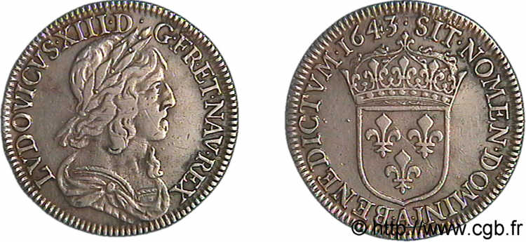 LOUIS XIII LE JUSTE Quart d écu, buste drapé et cuirassé (2e buste de Jean Warin) 1643 Paris, Monnaie du Louvre TB+/TTB