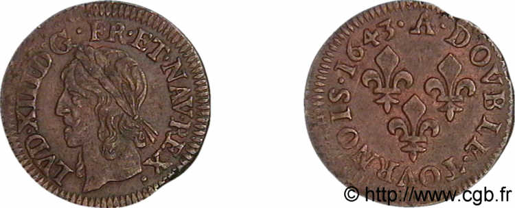 LOUIS XIII  Double tournois 1643 Corbeil XF