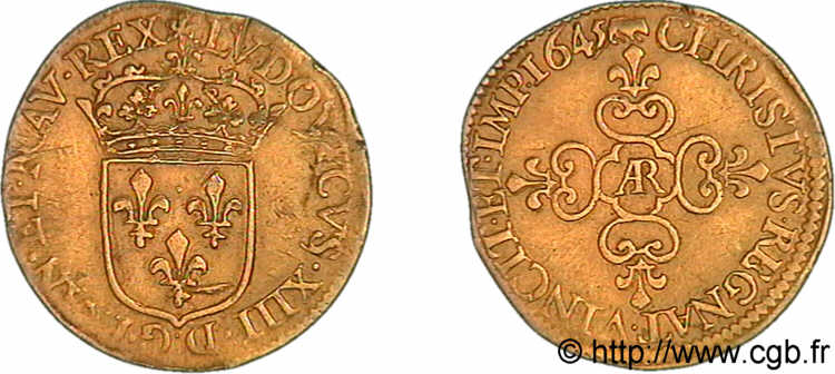 LOUIS XIV  THE SUN KING  Écu d or au soleil, à la croix anillée fleurdelisée, au nom de Louis XIII 1645 Arras XF