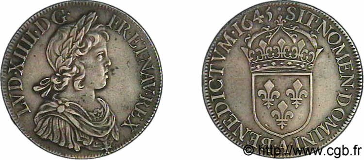 LOUIS XIV LE GRAND OU LE ROI SOLEIL Écu à la mèche courte 1645 Paris, Monnaie du Louvre SUP