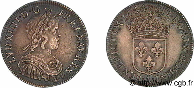 LOUIS XIV LE GRAND OU LE ROI SOLEIL Demi-écu à la mèche courte 1644 Paris, Monnaie de Matignon TTB/TTB+