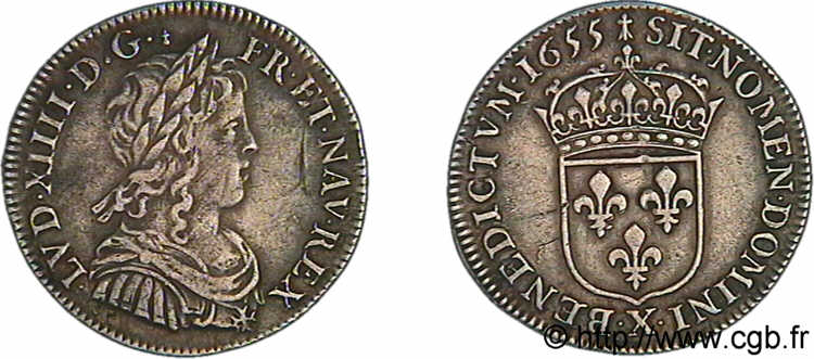 LOUIS XIV  THE SUN KING  Quart d écu d argent à la mèche longue 1655 Amiens SS